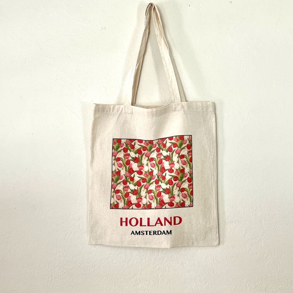 Holland Amsterdam Tulip Art Cotton Canvas Cream Colored Tote Eco Shopping Bag